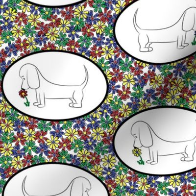 Doodle Bassets and Flowers - Tile