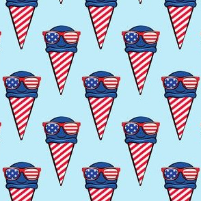 red white and blue icecream cones (with glasses) on blue