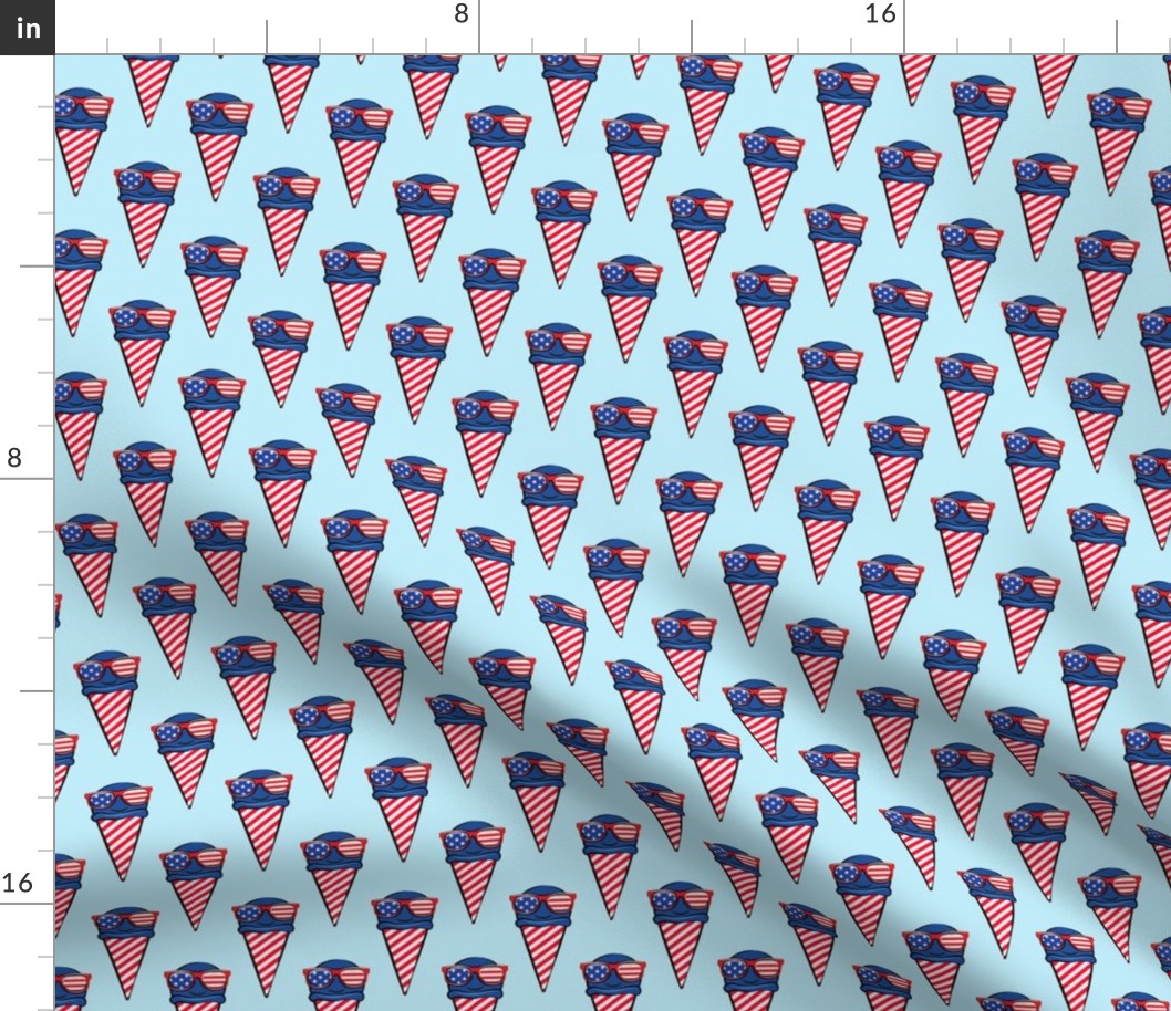 red white and blue icecream cones (with glasses) on blue