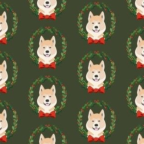 akita Christmas wreath dog breed fabric green