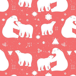 polar bear tribal with snow splatter on coral background