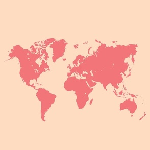 World map, hot pink on peach/coral, 18 inch