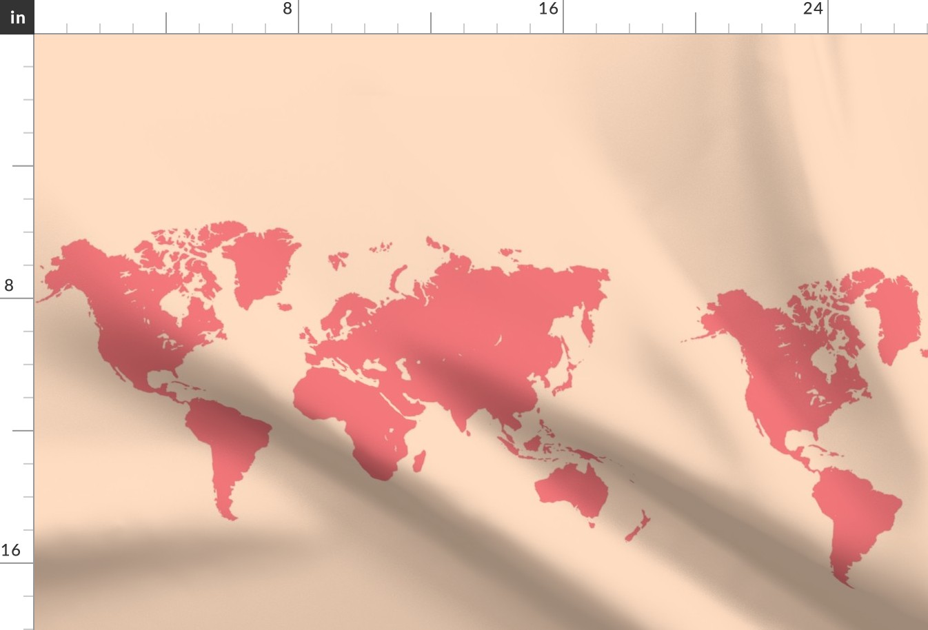 World map, hot pink on peach/coral, 18 inch