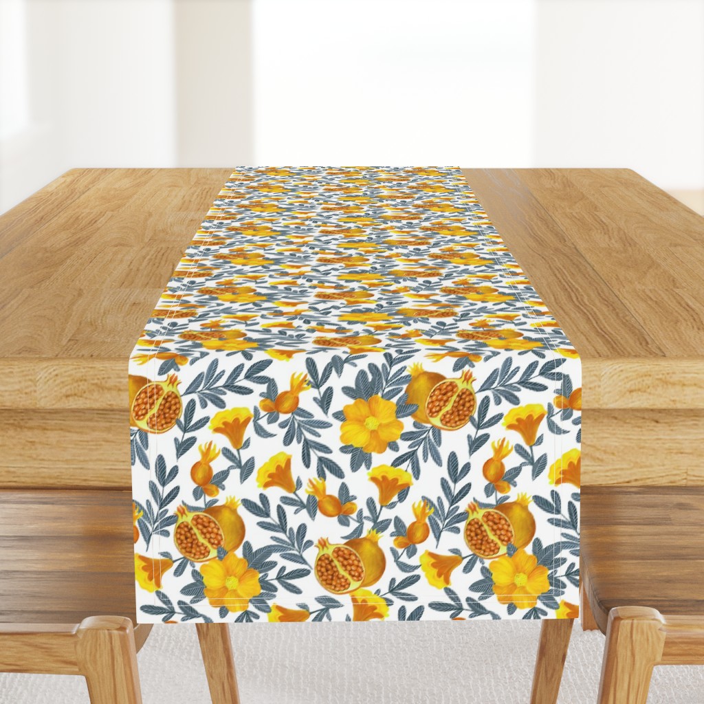 Yellow pomegranate. White pattern