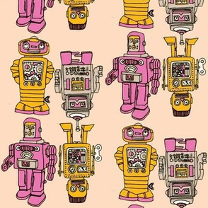 Playful Wind Up Tin Toy Robots (pink and yellow)