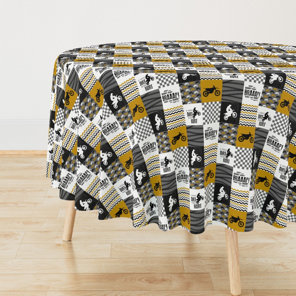 3 inch Motocross//A little Dirt Never Hurt - Wholecloth Cheater Quilt - Mustard