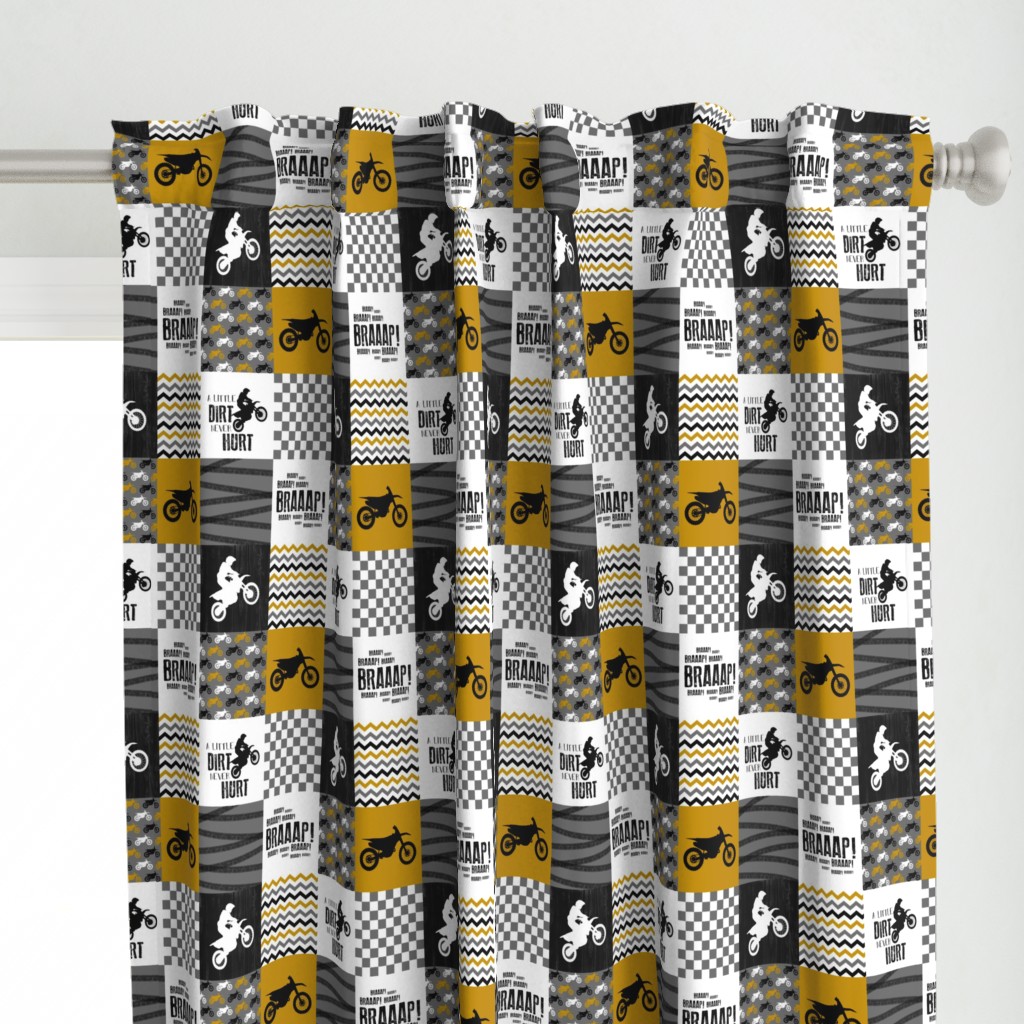 3 inch Motocross//A little Dirt Never Hurt - Wholecloth Cheater Quilt - Mustard