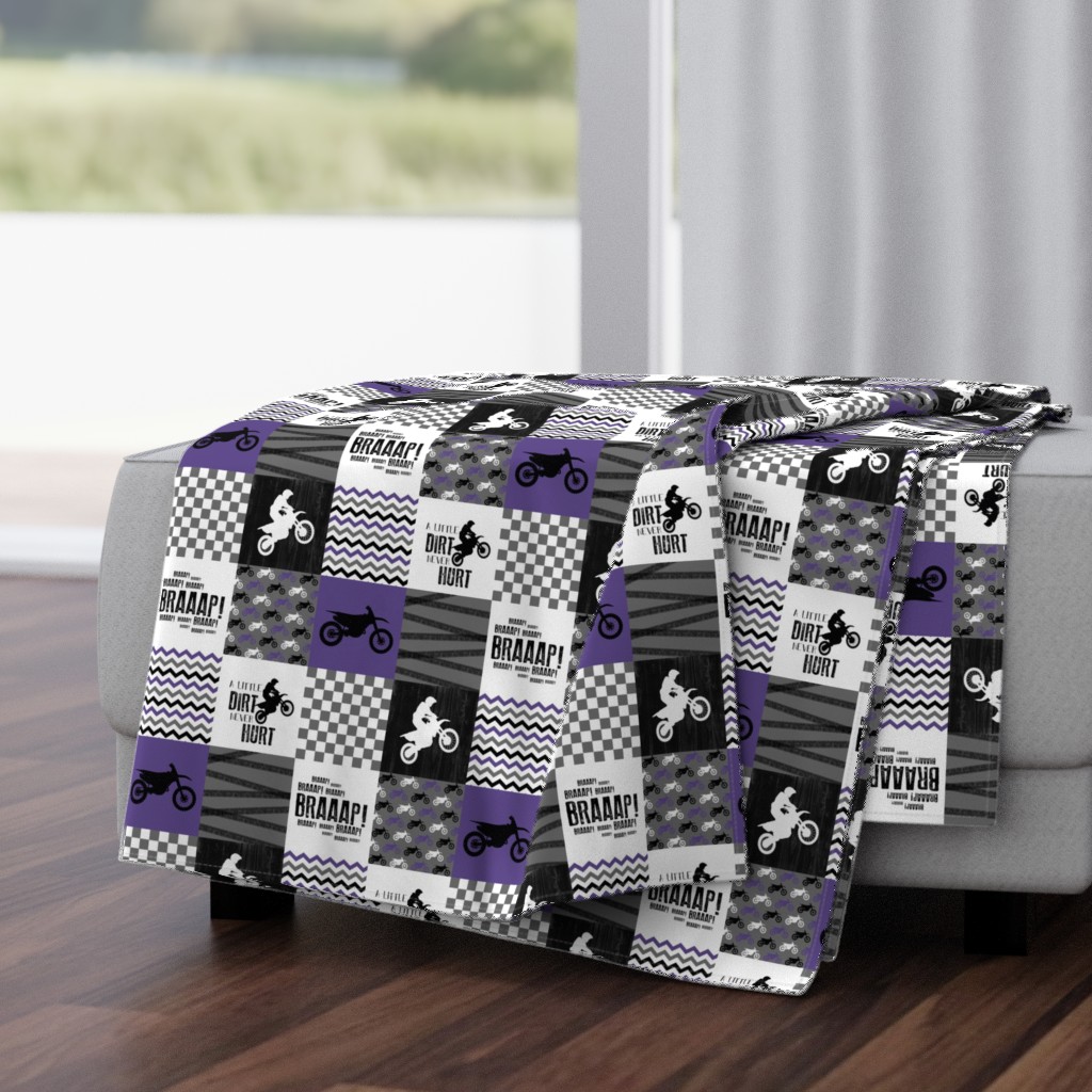 3 inch Motocross//A little Dirt Never Hurt - Wholecloth Cheater Quilt - Purple