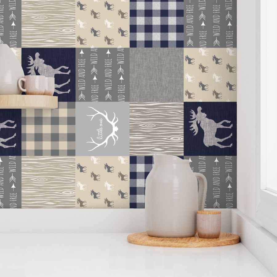 Moose Quilt - Navy, tan and grey- ROTATED