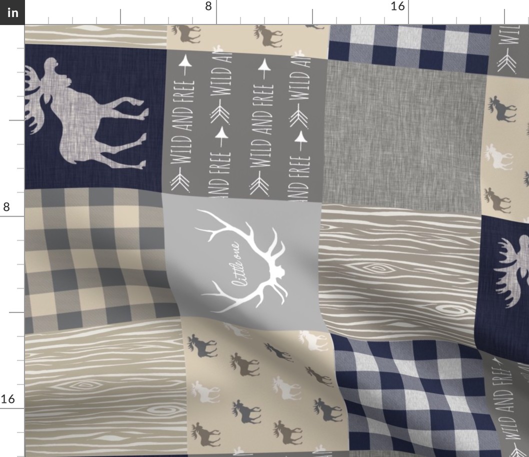 Moose Quilt - Navy, tan and grey- ROTATED