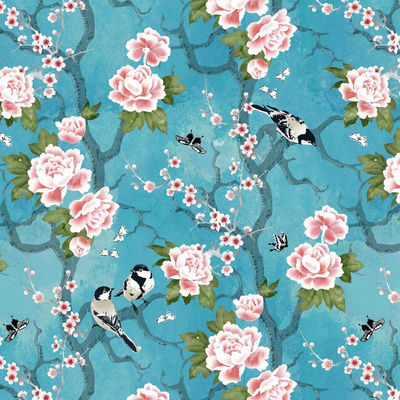 Chinoiserie Mint Green Pink Fresco Floral Garden Oriental