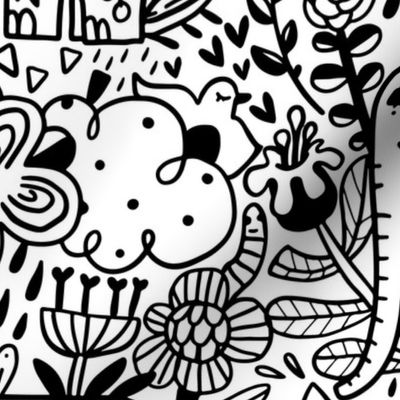 Doodle elephant, flowers and cloud