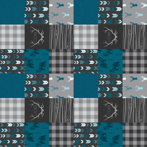 3” Fox And Deer Wholecloth Quilt - Little Man - Blue, Teal, Black, Grey - ROTATED