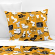 Normal scale // Have a seat in Bauhaus style and influence  // yellow mustard background black grey and white chairs