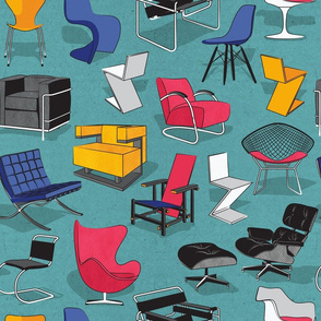 Normal scale // Have a seat in Bauhaus style and influence  // cardboard teal background white pink blue yellow chairs