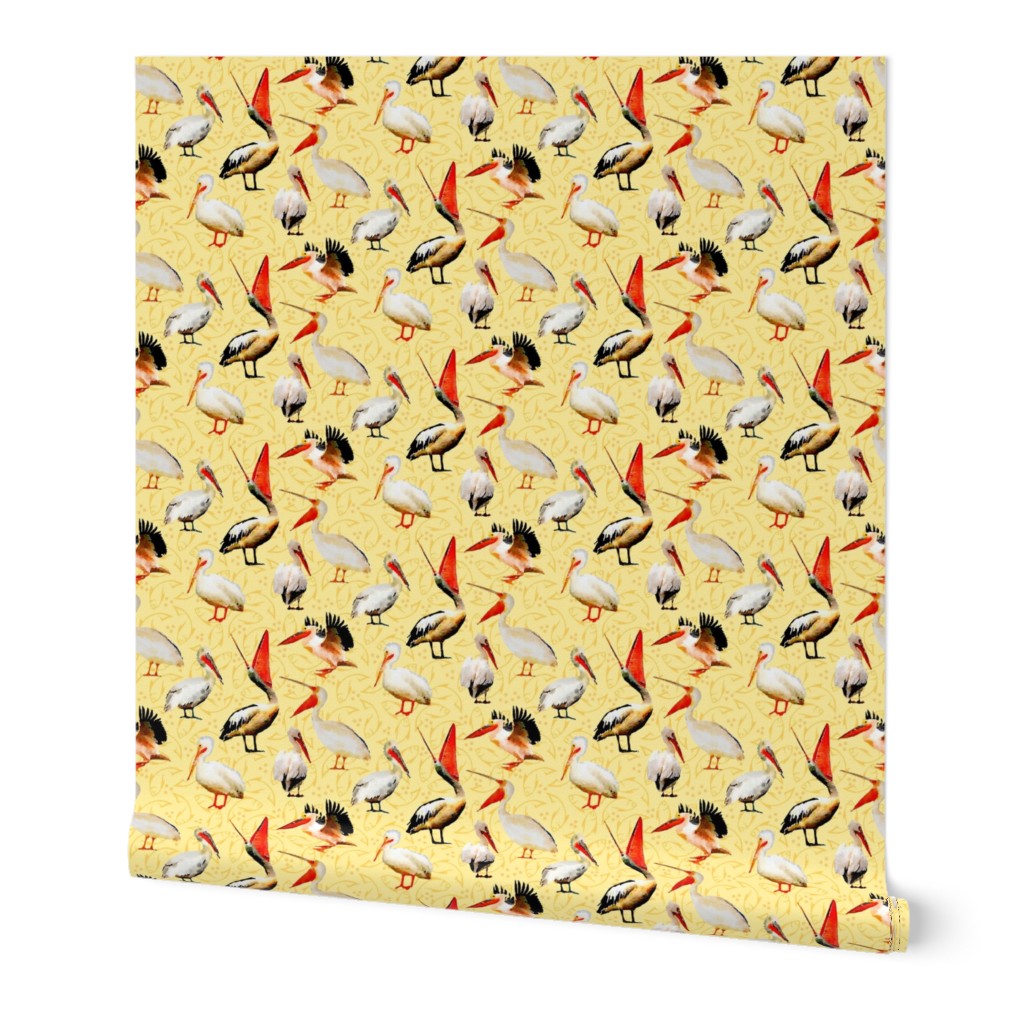 watercolor pelicans on cream yellow background with fish