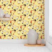 watercolor pelicans on cream yellow background with fish