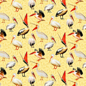 watercolor pelicans on cream yellow background with fish