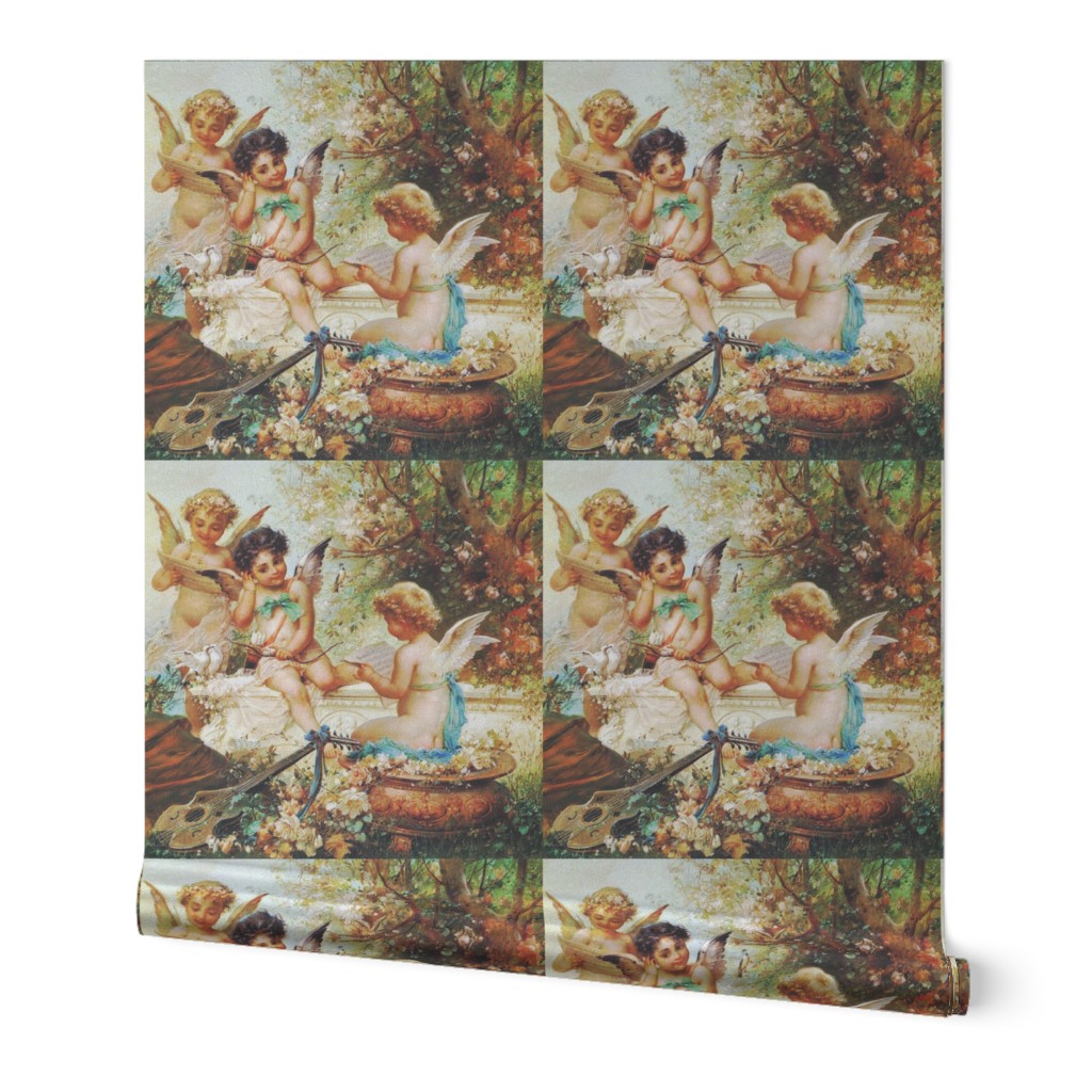 cherubs angels cupid children boys wings victorian romantic antique vintage music musical notes lute mandolin flowers floral garden bow arrow birds doves trees egl elegant gothic lolita baroque  