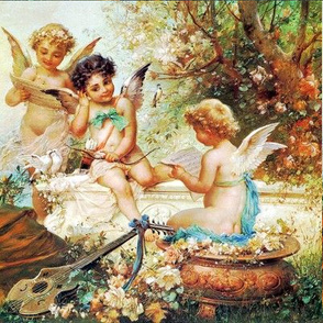 cherubs angels cupid children boys wings victorian romantic antique vintage music musical notes lute mandolin flowers floral garden bow arrow birds doves trees egl elegant gothic lolita baroque  