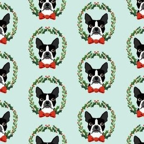 Boston Terrier christmas wreath dog breed fabric blue
