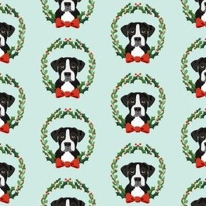 Boxer black coat christmas wreath dog breed fabric blue