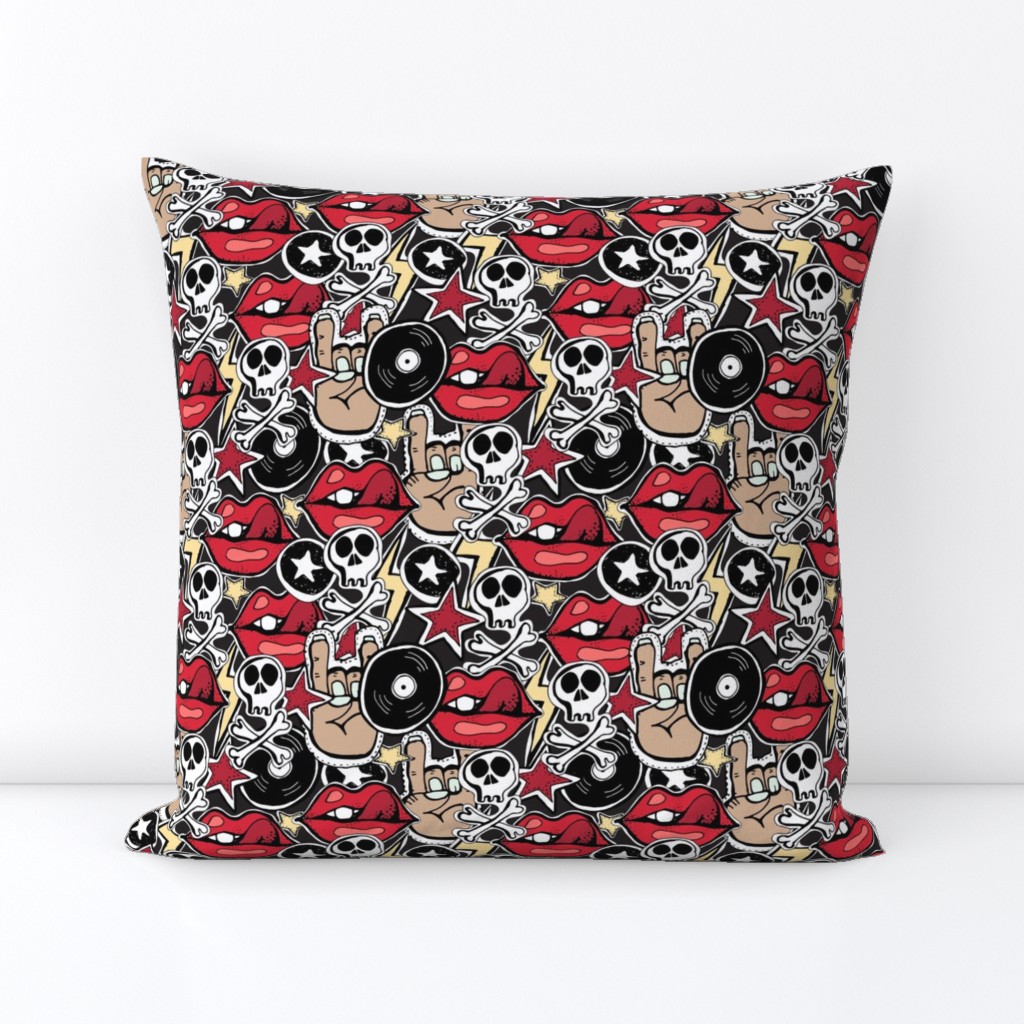 Punk rock pattern with skulls, bones, red lips, rock attributes