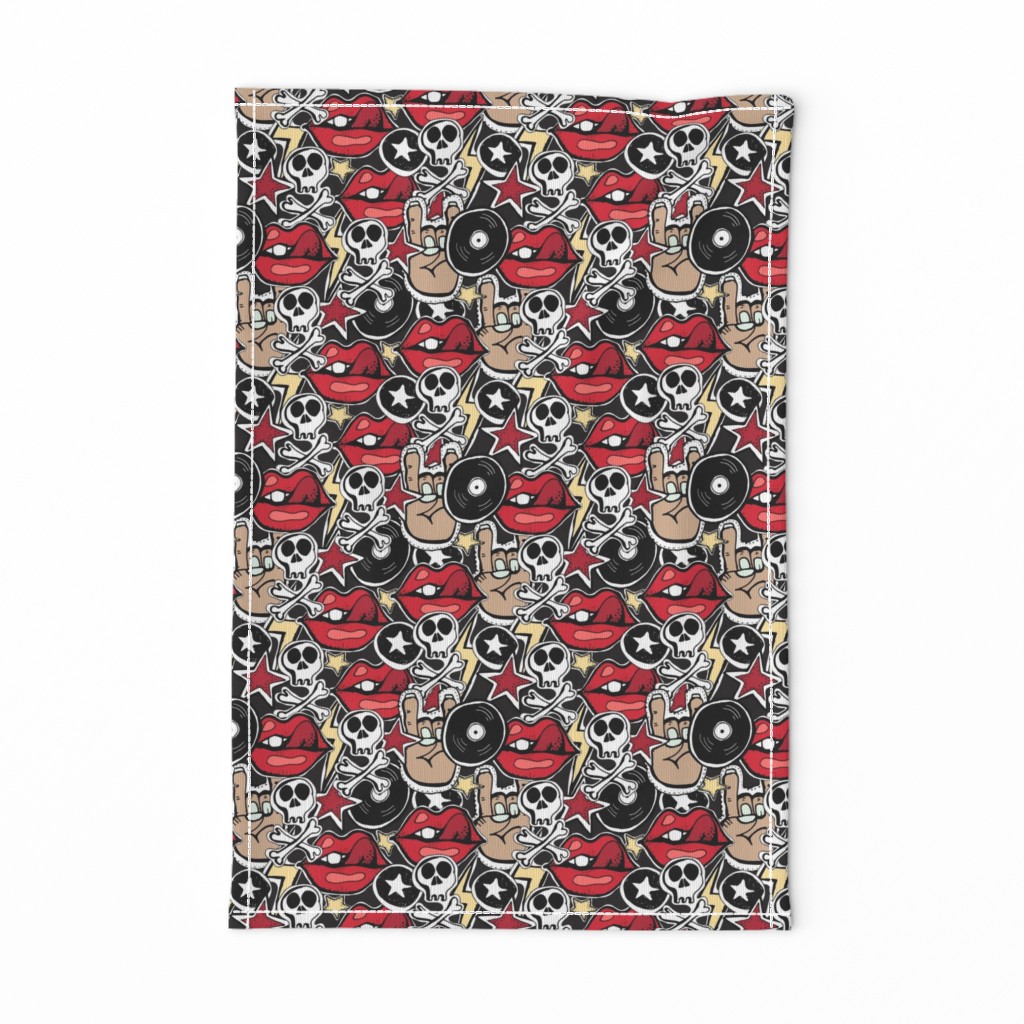 Punk rock pattern with skulls, bones, red lips, rock attributes