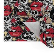 Punk rock pattern with skulls, bones, red lips, rock attributes