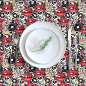 Punk rock pattern with skulls, bones, red lips, rock attributes