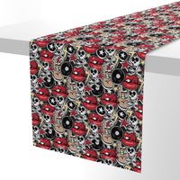 Punk rock pattern with skulls, bones, red lips, rock attributes