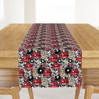 Punk rock pattern with skulls, bones, red lips, rock attributes