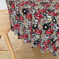 Punk rock pattern with skulls, bones, red lips, rock attributes