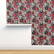 Punk rock pattern with skulls, bones, red lips, rock attributes