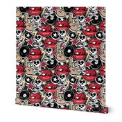 Punk rock pattern with skulls, bones, red lips, rock attributes