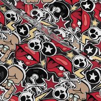 Punk rock pattern with skulls, bones, red lips, rock attributes