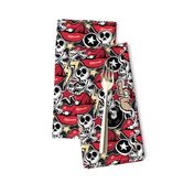 Punk rock pattern with skulls, bones, red lips, rock attributes