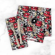 Punk rock pattern with skulls, bones, red lips, rock attributes