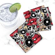 Punk rock pattern with skulls, bones, red lips, rock attributes