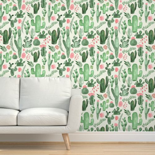 Pale green cactus and pink flowers on | Spoonflower