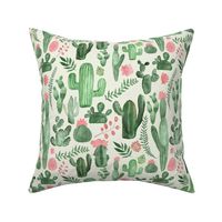 Pale green  cactus and pink flowers on cream