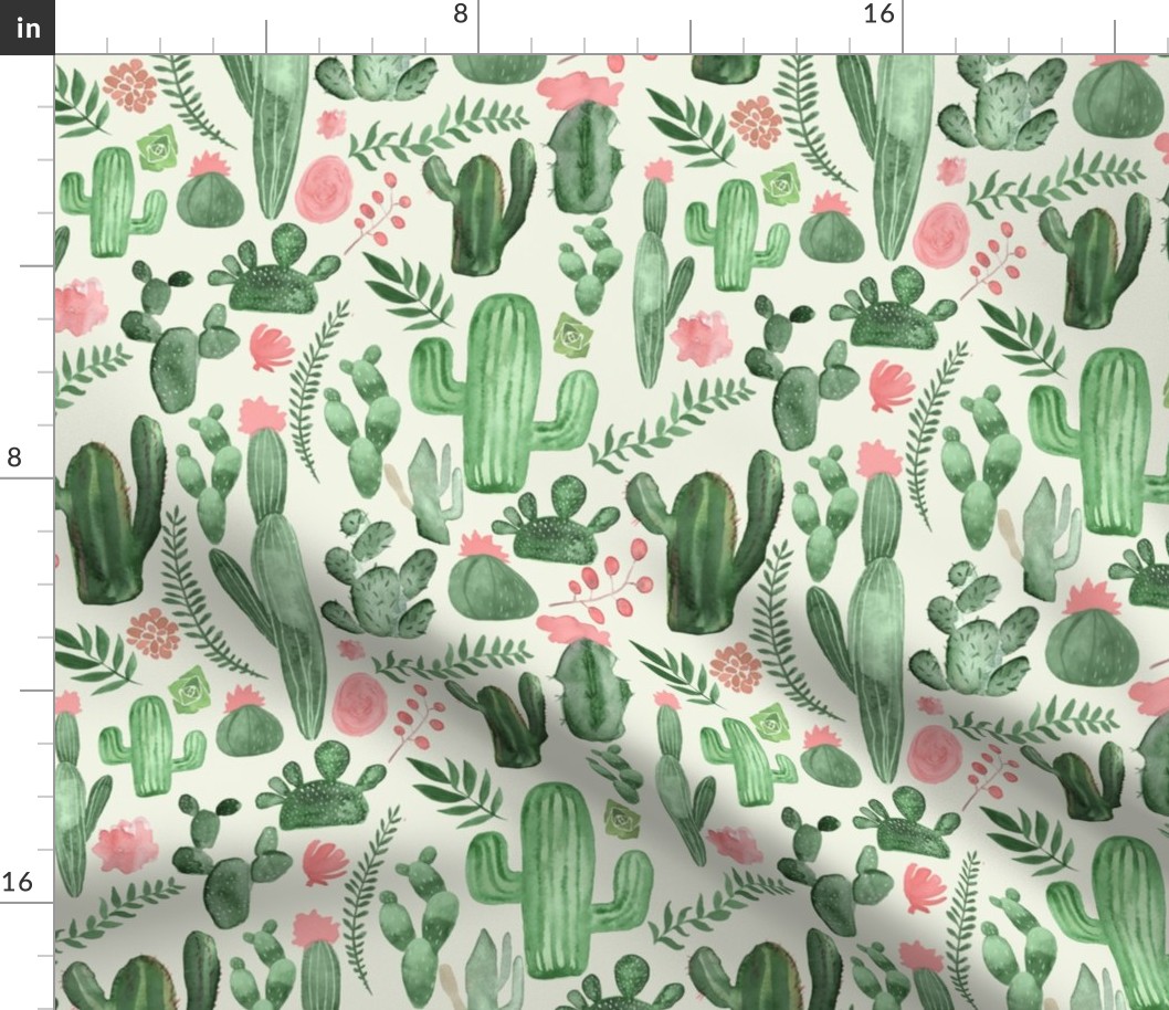 Pale green  cactus and pink flowers on cream