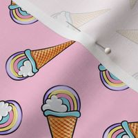 pastel rainbow icecream cones on pink (toss)