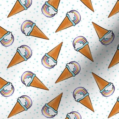 pastel rainbow icecream cones on with blue dots (toss)