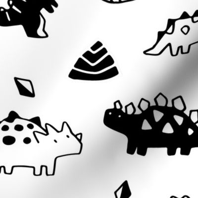 Sketchy tropical leaves, rocks and ancient dinosaurs design. Cute black and white dino pattern.