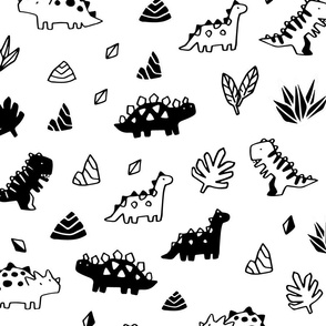 Sketchy tropical leaves, rocks and ancient dinosaurs design. Cute black and white dino pattern.