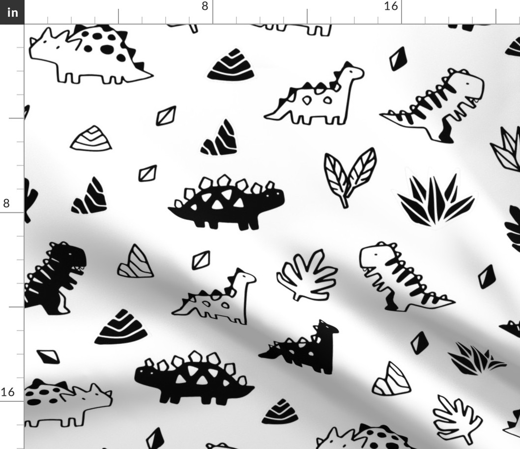 Sketchy tropical leaves, rocks and ancient dinosaurs design. Cute black and white dino pattern.