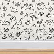 Sketchy tropical leaves, rocks and ancient dinosaurs design. Cute black and white dino pattern.
