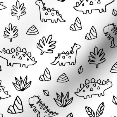 Sketchy tropical leaves, rocks and ancient dinosaurs design. Cute black and white dino pattern.