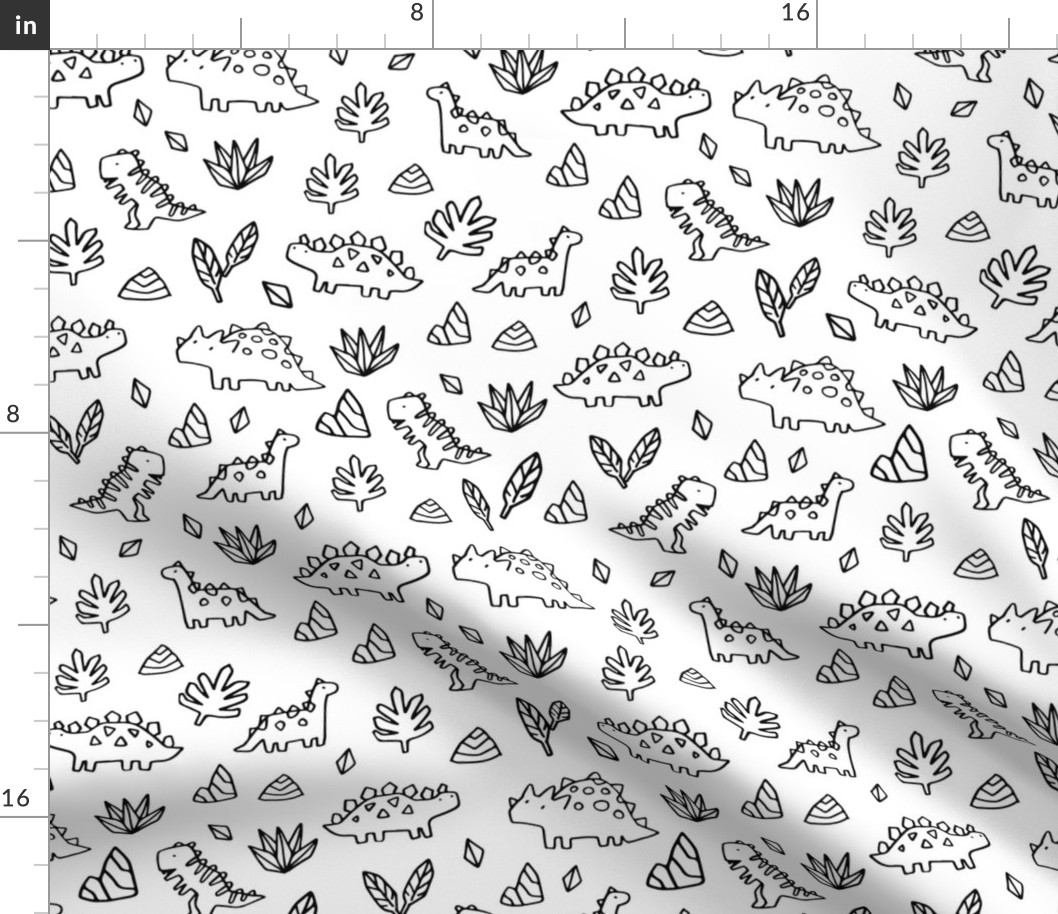 Sketchy tropical leaves, rocks and ancient dinosaurs design. Cute black and white dino pattern.